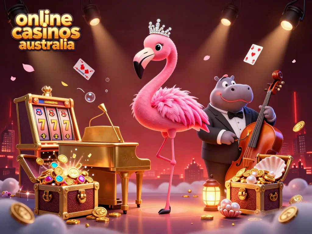 Enjoy vibrant online casinos Australia games with a flamingo musician at the piano.