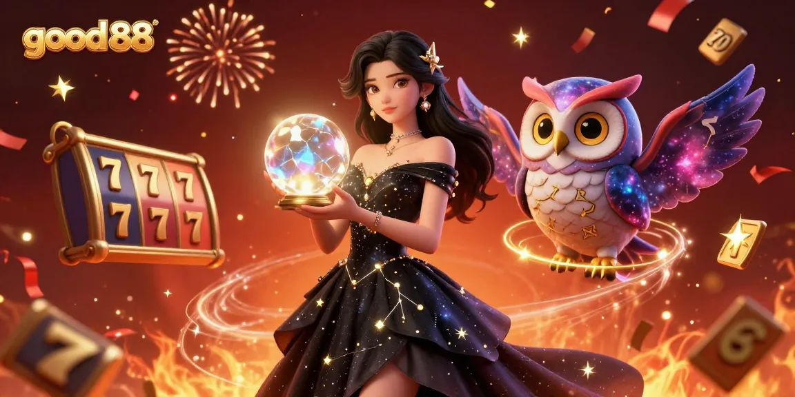 Experience exciting gameplay with good 88 at this vibrant online casino illustration featuring a mystical owl and slot reels.