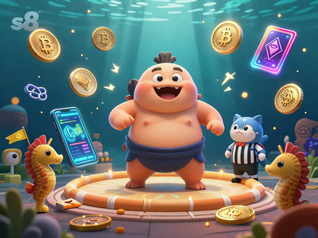 S8 immersive underwater casino scene featuring a fugu, catfish referee, and bitcoin coins.