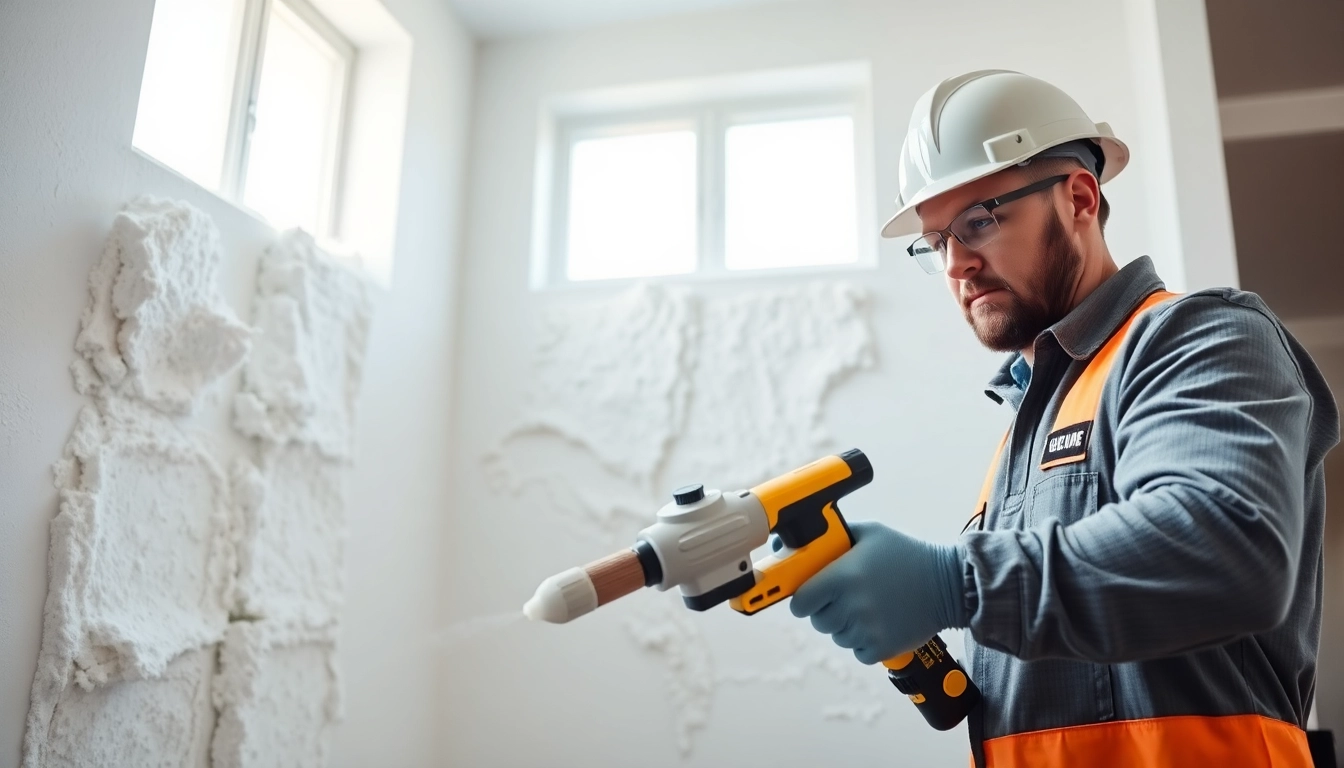 Contractor demonstrating spray foam removal London with tools in a bright home environment.