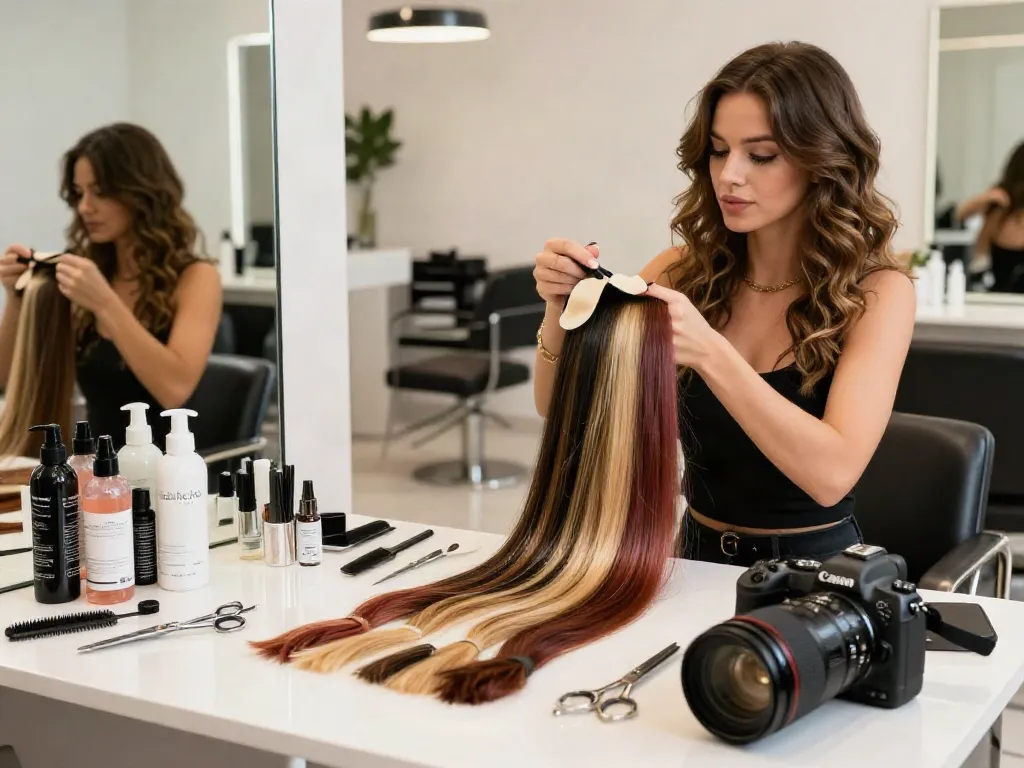 Tape extensions for thin hair being applied in a modern salon.