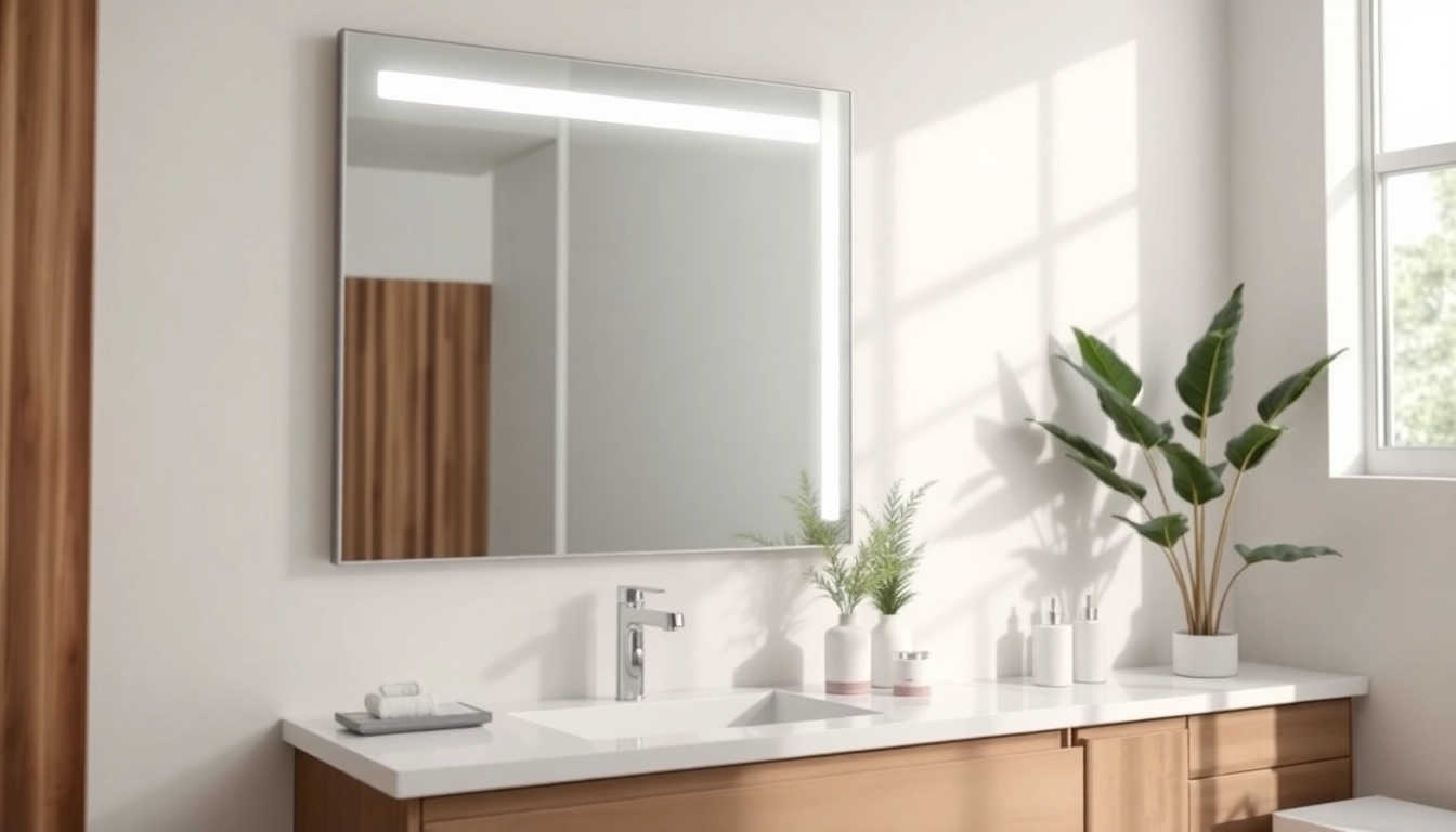 Illuminated mirror and led lights enhancing a modern bathroom's elegance.