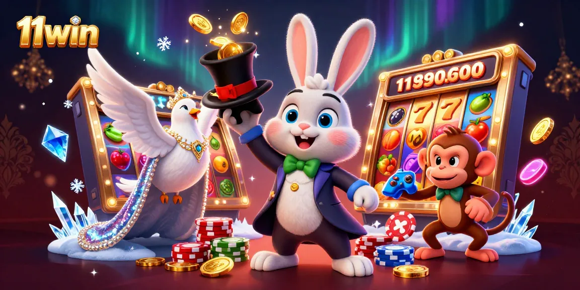 Experience the magic of 11win with a 3D cartoon illustration of vibrant casino elements.