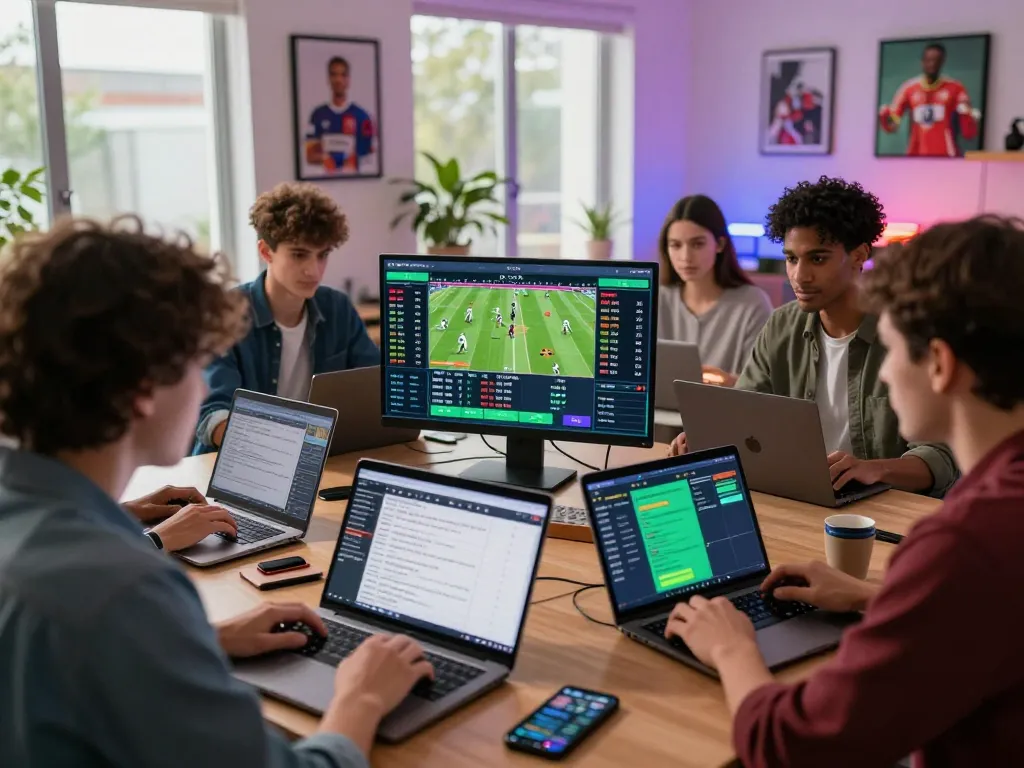 Engaged users placing live bets on OKFUN's online sports betting platform in a vibrant home office.
