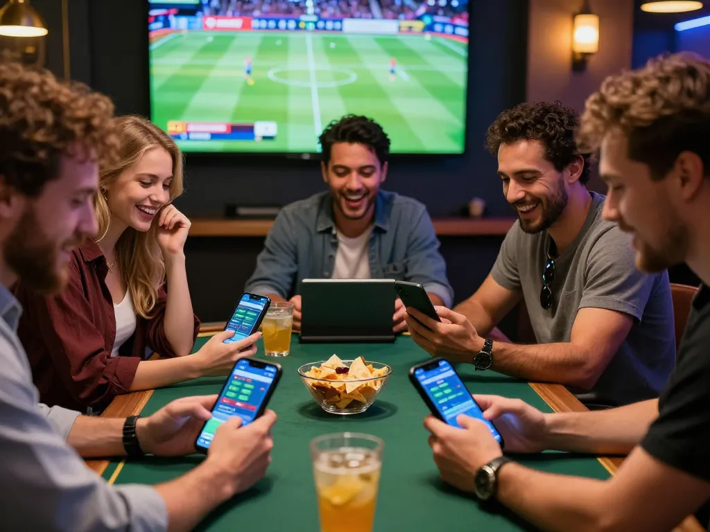 SBOBET sports betting scene with friends enjoying a lively game, showcasing excitement and engagement.