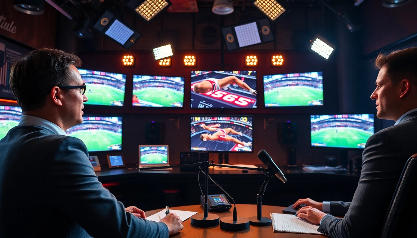 Engaging scene of sports broadcasting professionals discussing live events in a vibrant studio.
