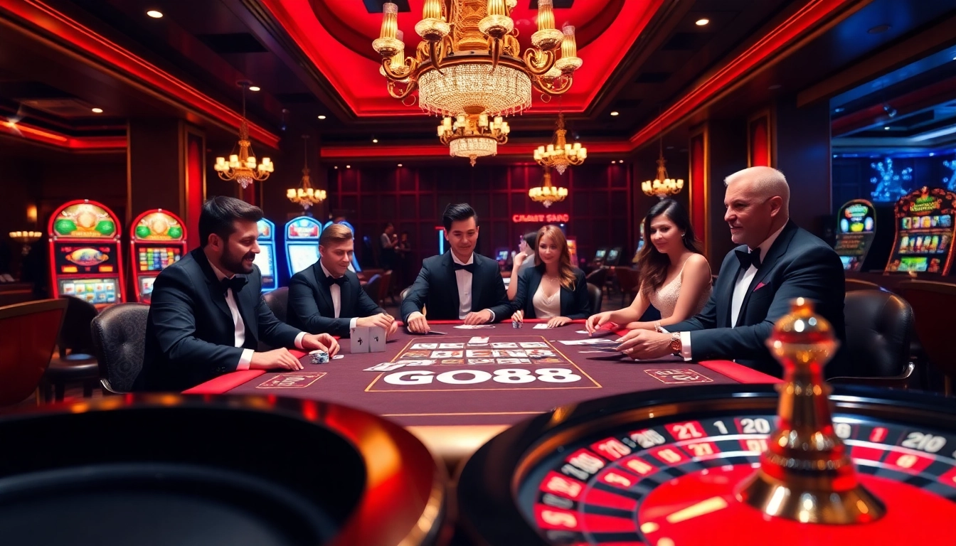Exciting players engage at a GO88 poker table in a luxurious casino setting.