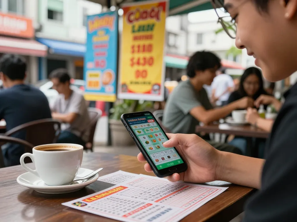 Engaging in lô đề online betting at a lively street café with vibrant urban backdrop.