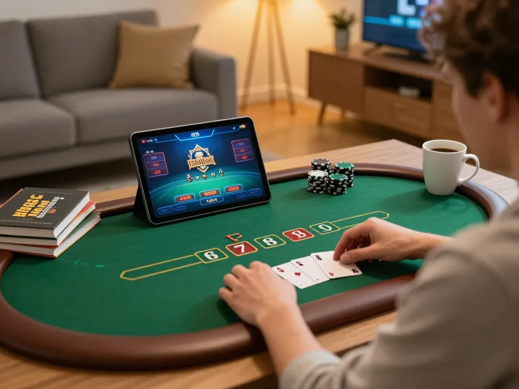 man club member playing poker online with strategic focus at home