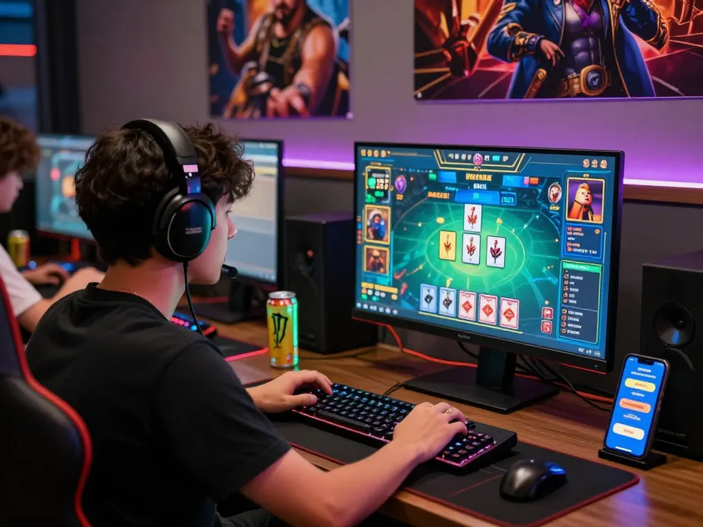 Young male gamer engaging with rik vip card game online, vibrant setup filled with gaming gear.