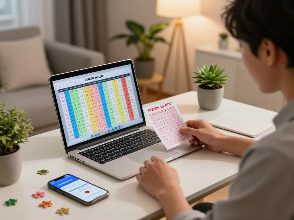 Penggemar HK Lotto memeriksa hasil di laptop dengan grafik berwarna-warni.