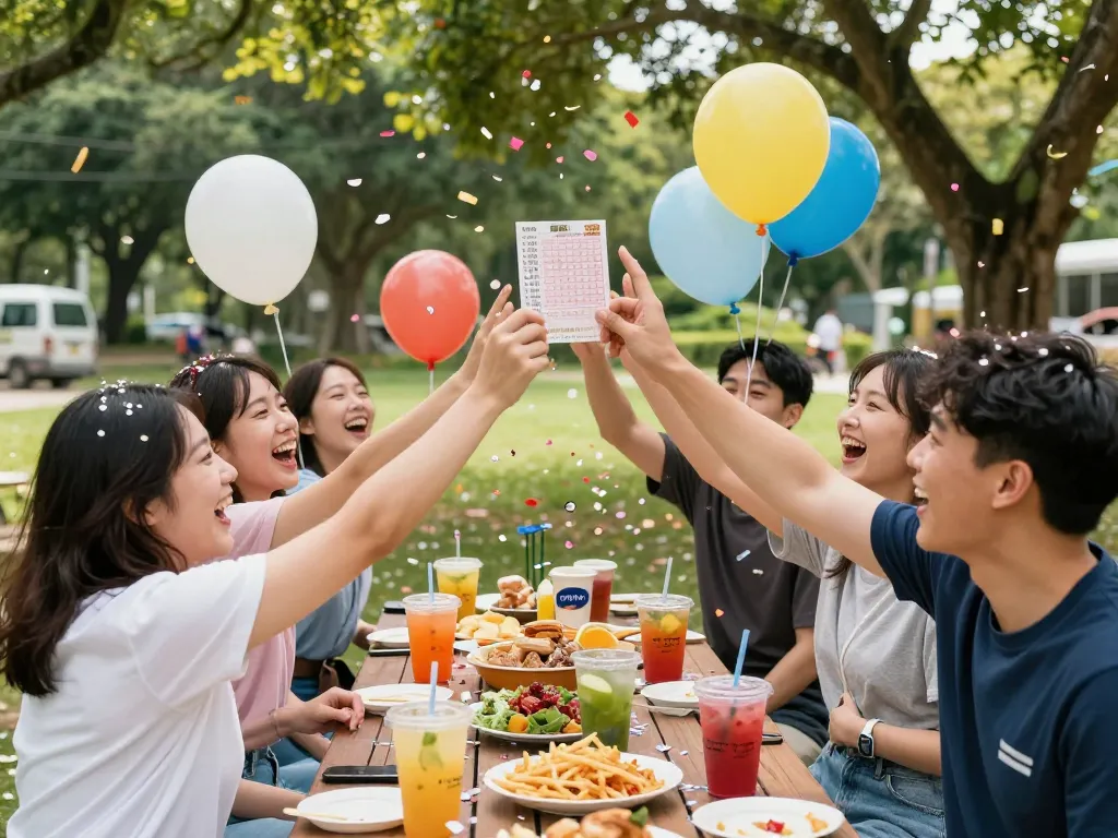 Teman-teman merayakan tiket HK Lotto yang menang di luar ruangan dengan ekspresi ceria.