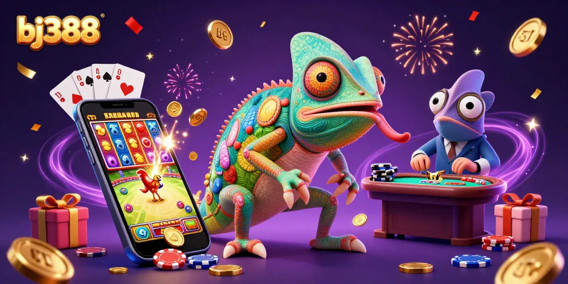 Experience thrilling cockfighting action with bj388's vibrant, animated casino scene full of games.