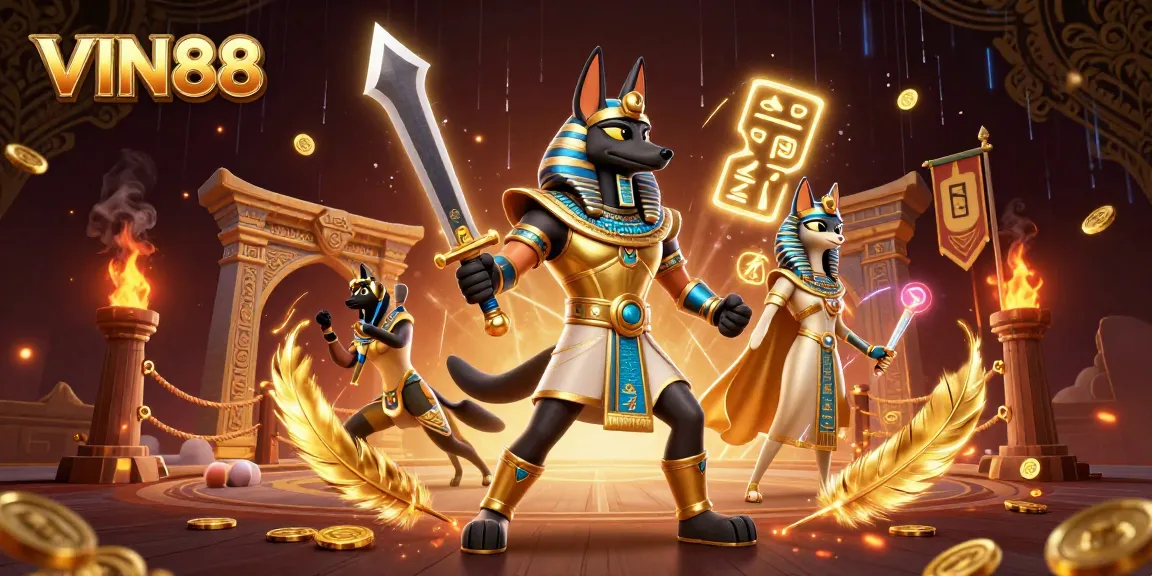 Engage in thrilling games at VIN88 with elite Egyptian warriors battling amidst gold coins and vivid casino elements.