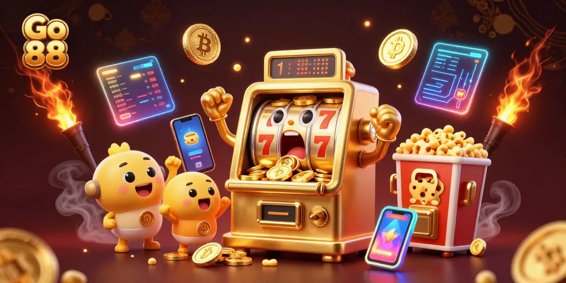 Go 88 slot machine hits jackpot, surrounded by cheering baby machines and Bitcoin coins.